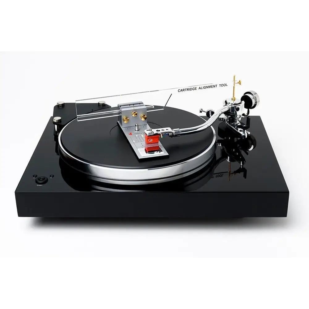 Modern schwarzer Plattenspieler mit silberner Plattenteller und spezieller Vorrichtung zur verwendeten Tonarms eingestellt