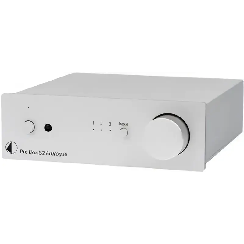 Silberner analoge Pre Box S2 mit Lautstärke- und Eingangswahl für drei Line Level