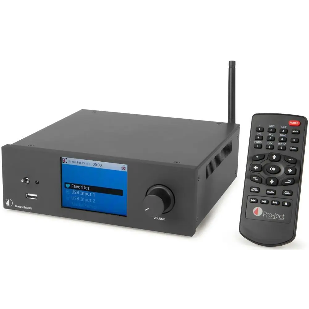 Darkgrauer Stream Box RS mit blauer Anzeige und Fernbedienung für Project Streambox DSNET