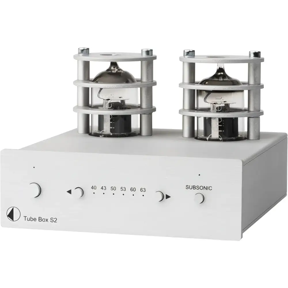 Silver Tube Box Amplifier mit zwei sichtbaren Vakuumröhren im Pro-Ject Tube Box S2