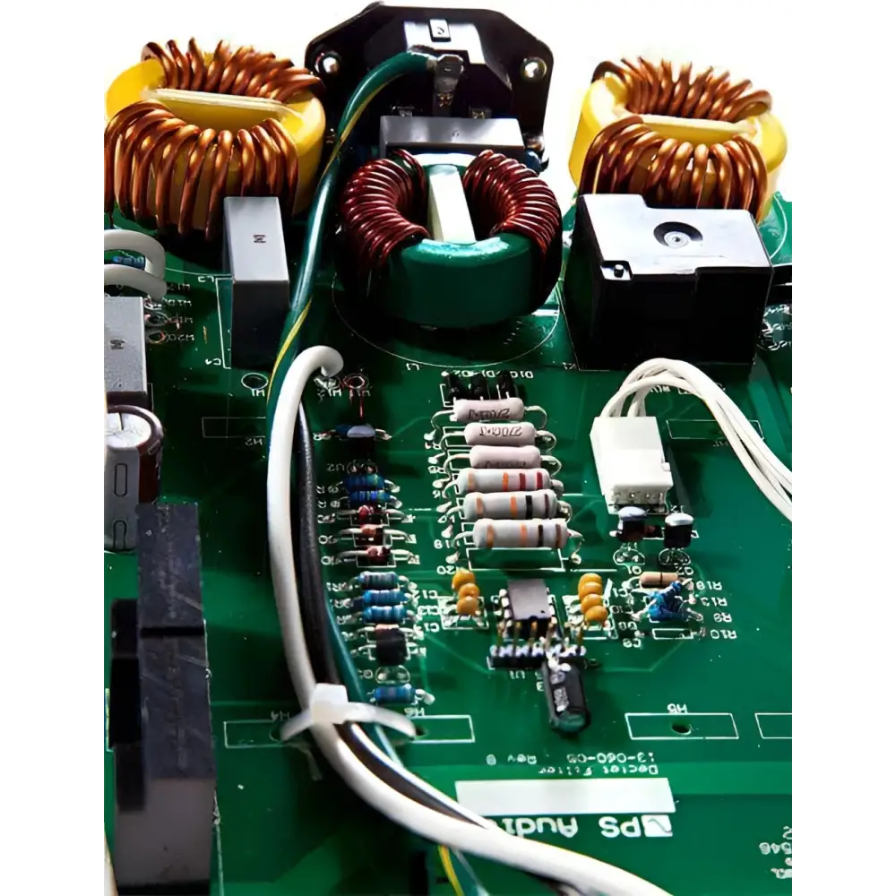 Green circuit board of the PS-Audio Dectet power center with electronic components