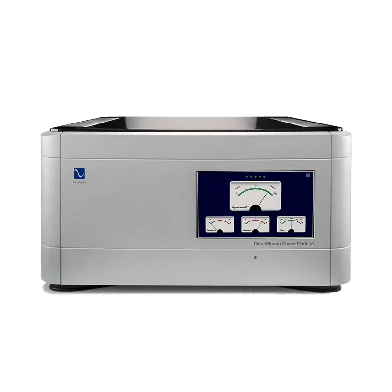 Silberner PS-Audio POWERPLANT P15 Netzgenerator mit digitalem Display und drei analogen Messern – lesen Sie mehr zu reiner sinusförmiger Ausgangsspannung mit extrem geringer Störanfälligkeit