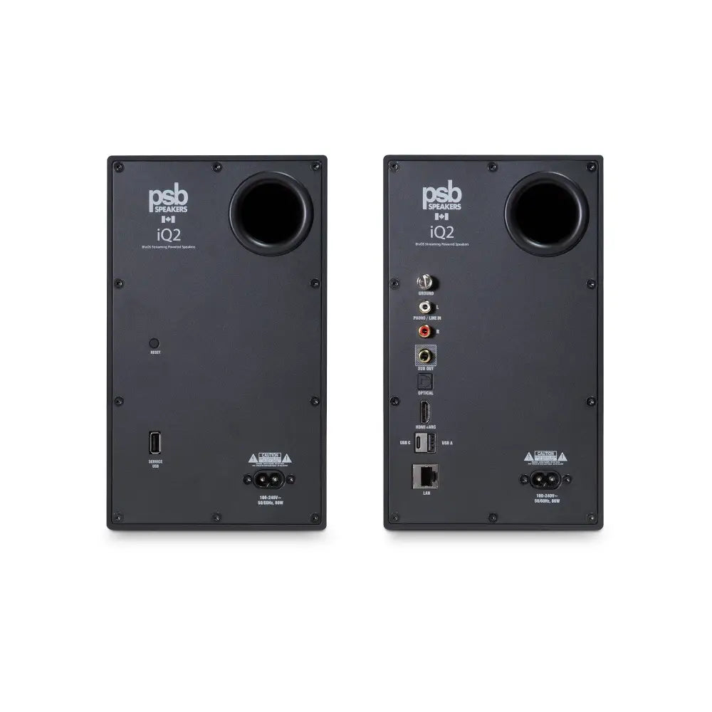 Back side of black psb iQ2 bookshelf speakers with multiple connectivity ports including bluetooth aptx adaptive and hdmi earc