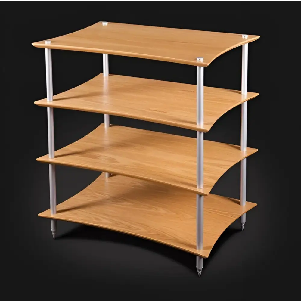 Vierstufiges Quadraspire Hifi Möbel mit gebogenen Regalen und silbernen Stützpfeilern