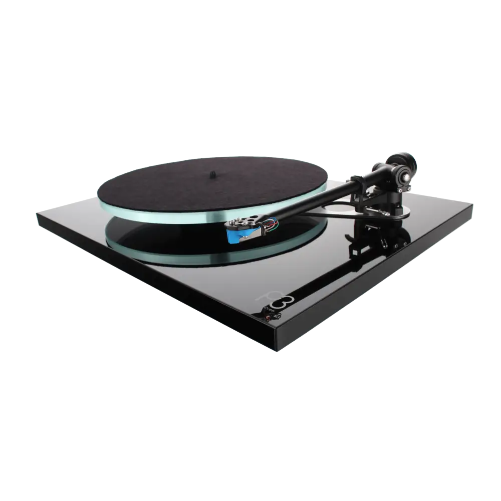 Sleek schwarzer Rega Planar 3 Plattenspieler mit Glasplatte und blauer Nadel für besten Klang