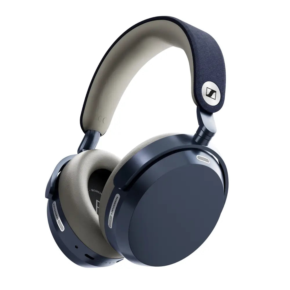 Sennheiser momentum 5 wireless over ear kopfhörer in marineblau mit beige lederpolstern und hybrider adaptive anc funktion