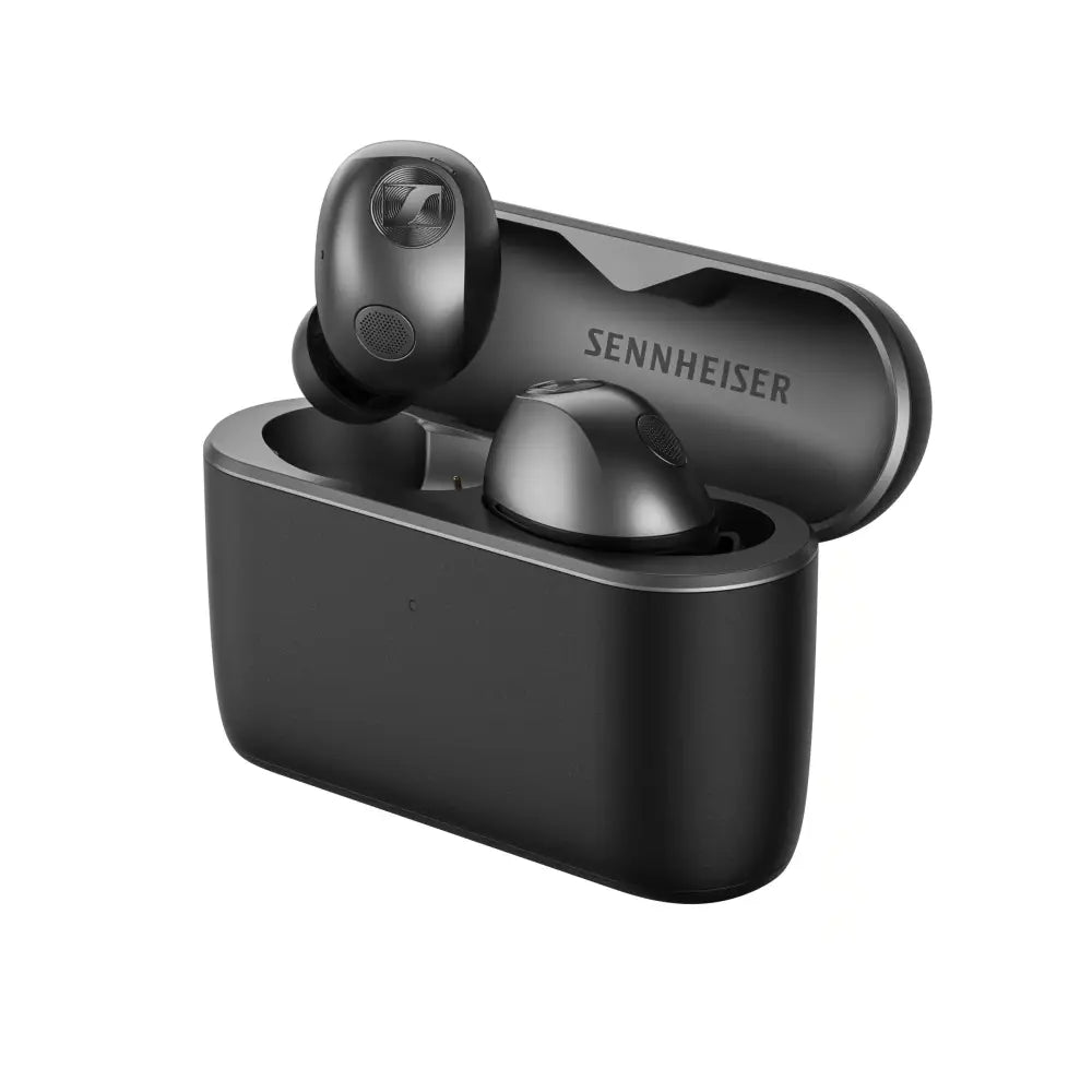 Schwarze sennheiser momentum true wireless 5 earbuds in einem matten ladeetui mit aptx adaptive und hybride adaptive technologie