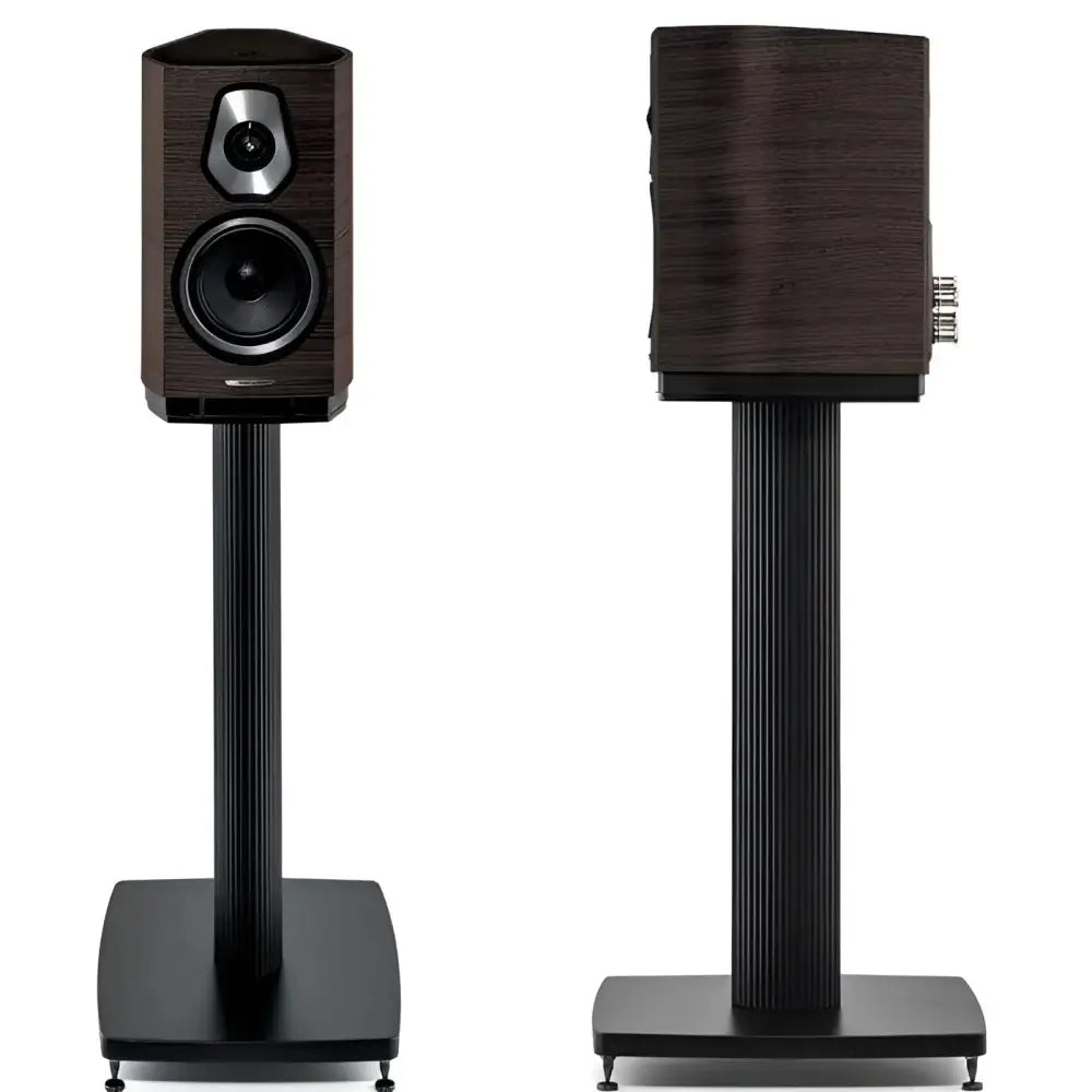 Sonus Faber Sonetto 1 Paar Lautsprecher mit dunklem Holzdesign auf schwarzen Ständern