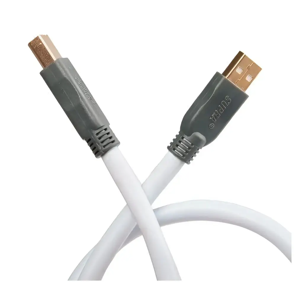 Weiße Supra USB Kabel 2.0 Type A-B mit grauen Anschlüssen, twisted pair Technologie