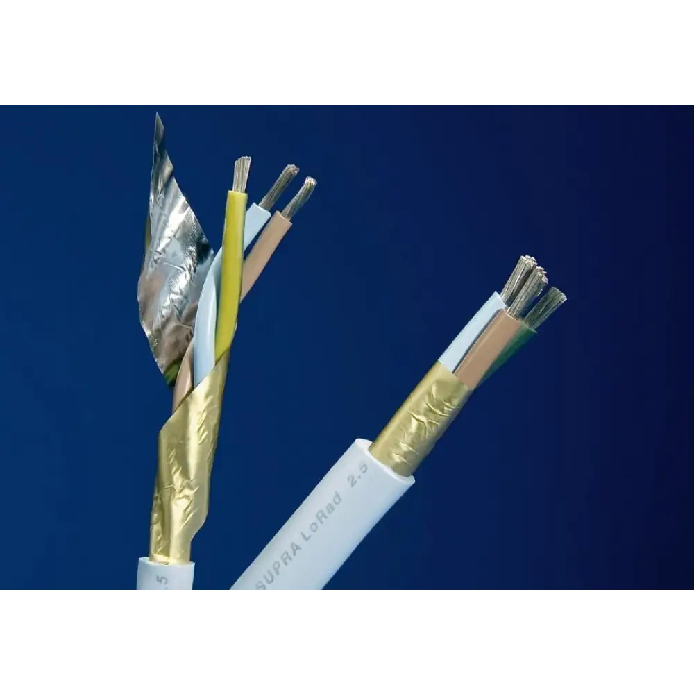 Querschnitt eines Supra Lorad 2.5 Netzkabels mit isolierten Drähten und schützender Folie, eines der einzigen geschirmten Netzkabel