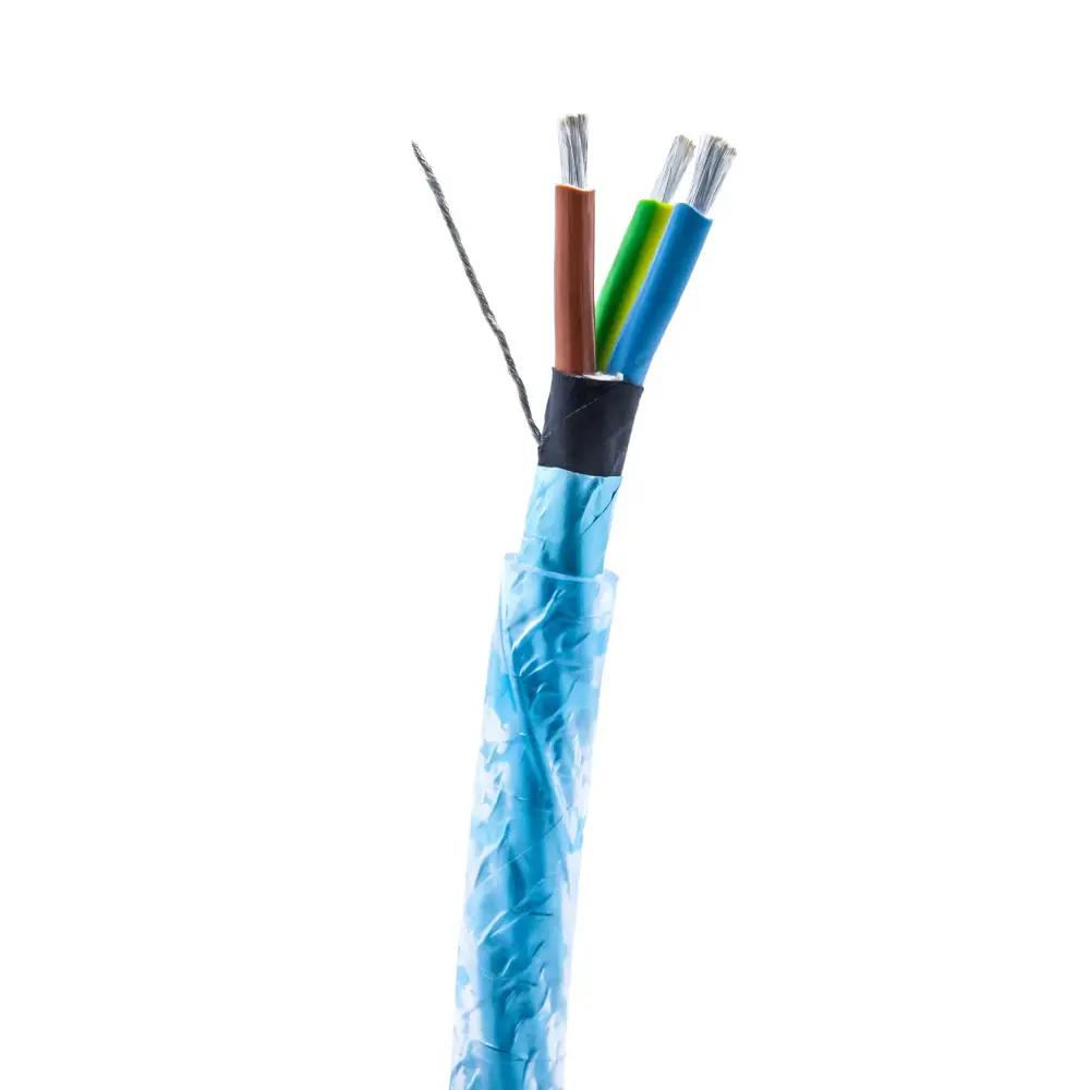 Blaues supra lorad excalibur netzkabel mit verdrillter leitergeometrie und braun grün blau isolierten adern für hifi nutzen
