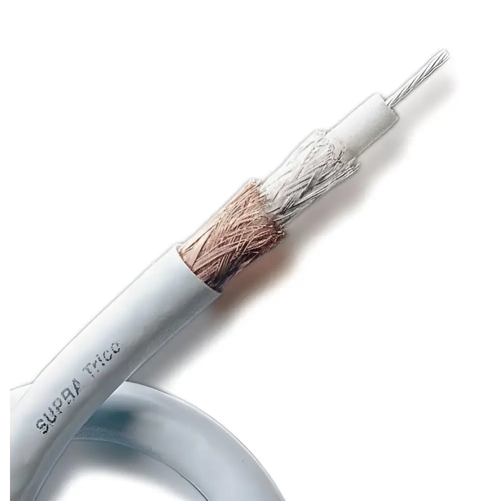 Querschnitt eines Supra Trico Digitalkabel RCA mit Kupfer- und Silbergeflecht, hohe charakteristische Impedanz