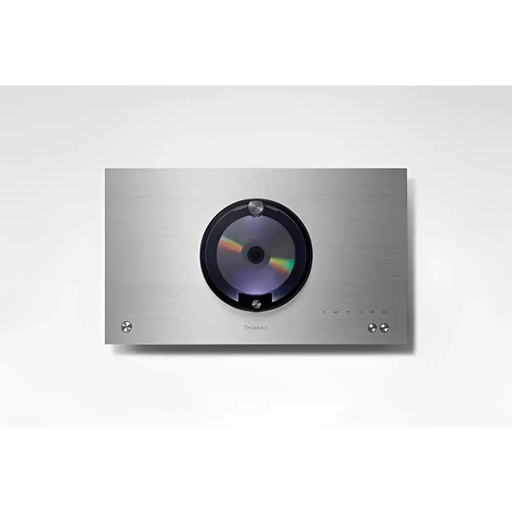 Sleek silberner Technics Ottava SC-C70MK2 Audio Center mit sichtbarer Disc, kompatibel mit Audio Center App
