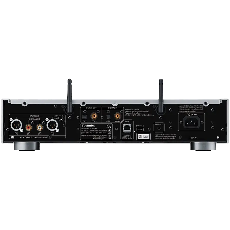 Rückseite des technics sacd sl-g700 schwarz mit stereo line out, rca jacks, ethernet und zwei antennen in schöner zustand jahre jung