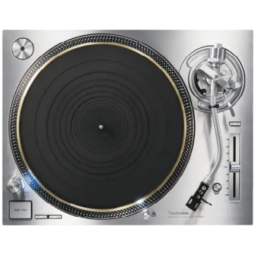 Silberner Technics SL-1200G Turntable mit schwarzem Plattenteller und Tonarm