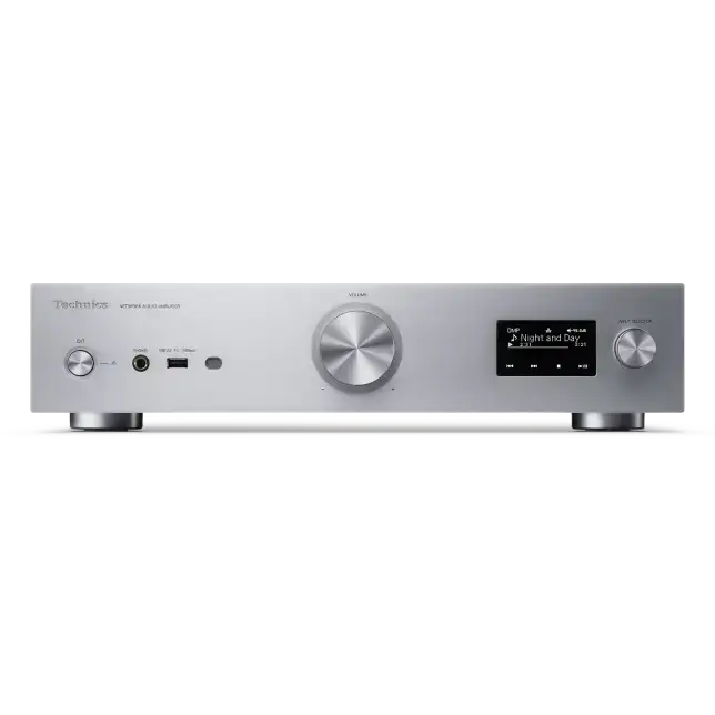 Silberner technics su-gx70 integrierter audioverstärker mit gebürsteten metallknöpfen und digitalanzeige mit jeno engine und doppeltem netzteil