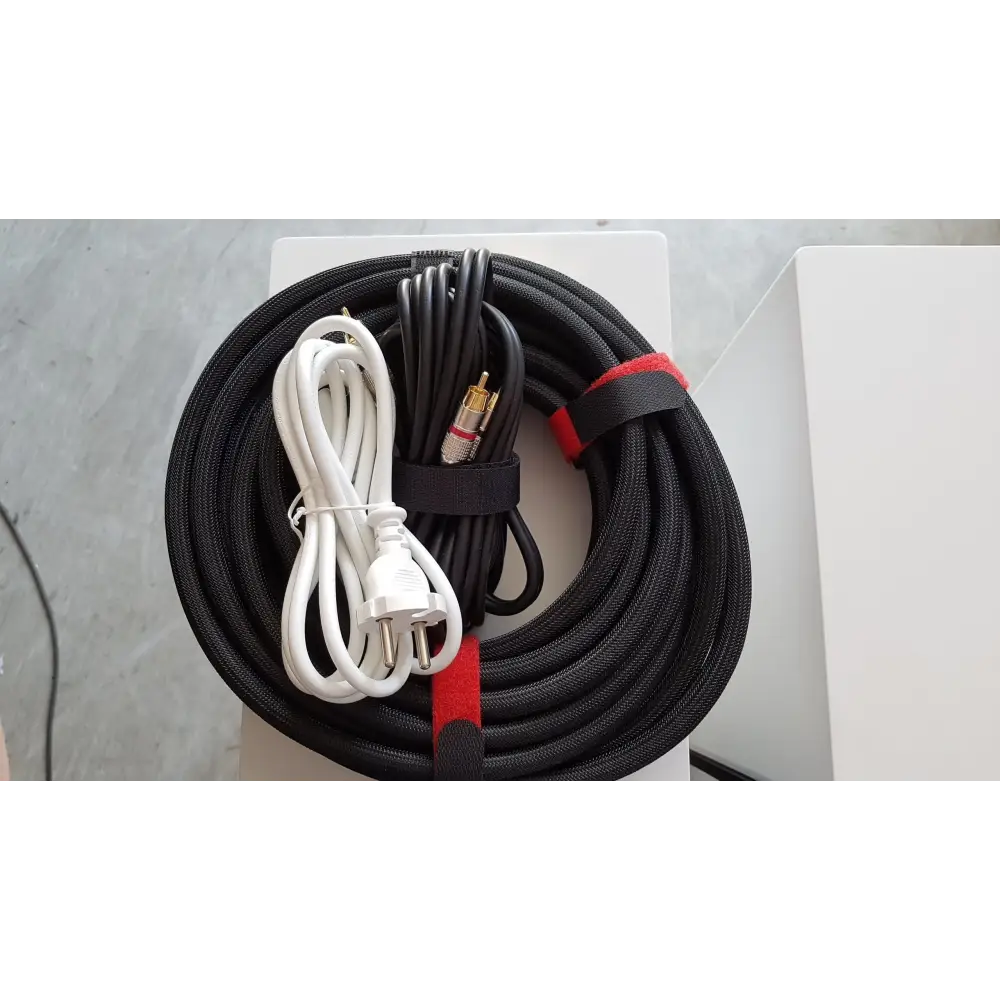 Coiled schwarze Audio- und Stromkabel mit RCA und europäischen Typ F Stecker für Teufel Raumfeld Stereo L weiss