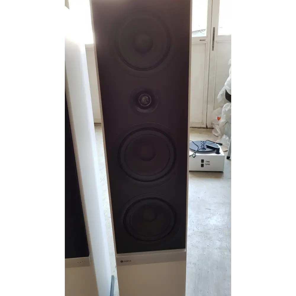 Weiße Standbox mit vier schwarzen Treibern, beste Konnektivität Spotify, aufwendige Tönerbestückung