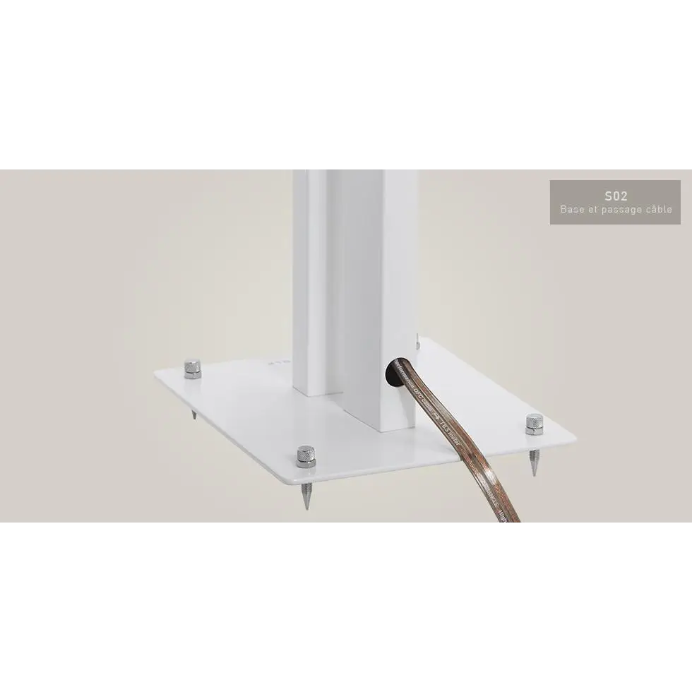 Weiße Metallbasis mit integrierter Kabelverwaltung, ideal für kompakte Lautsprecher