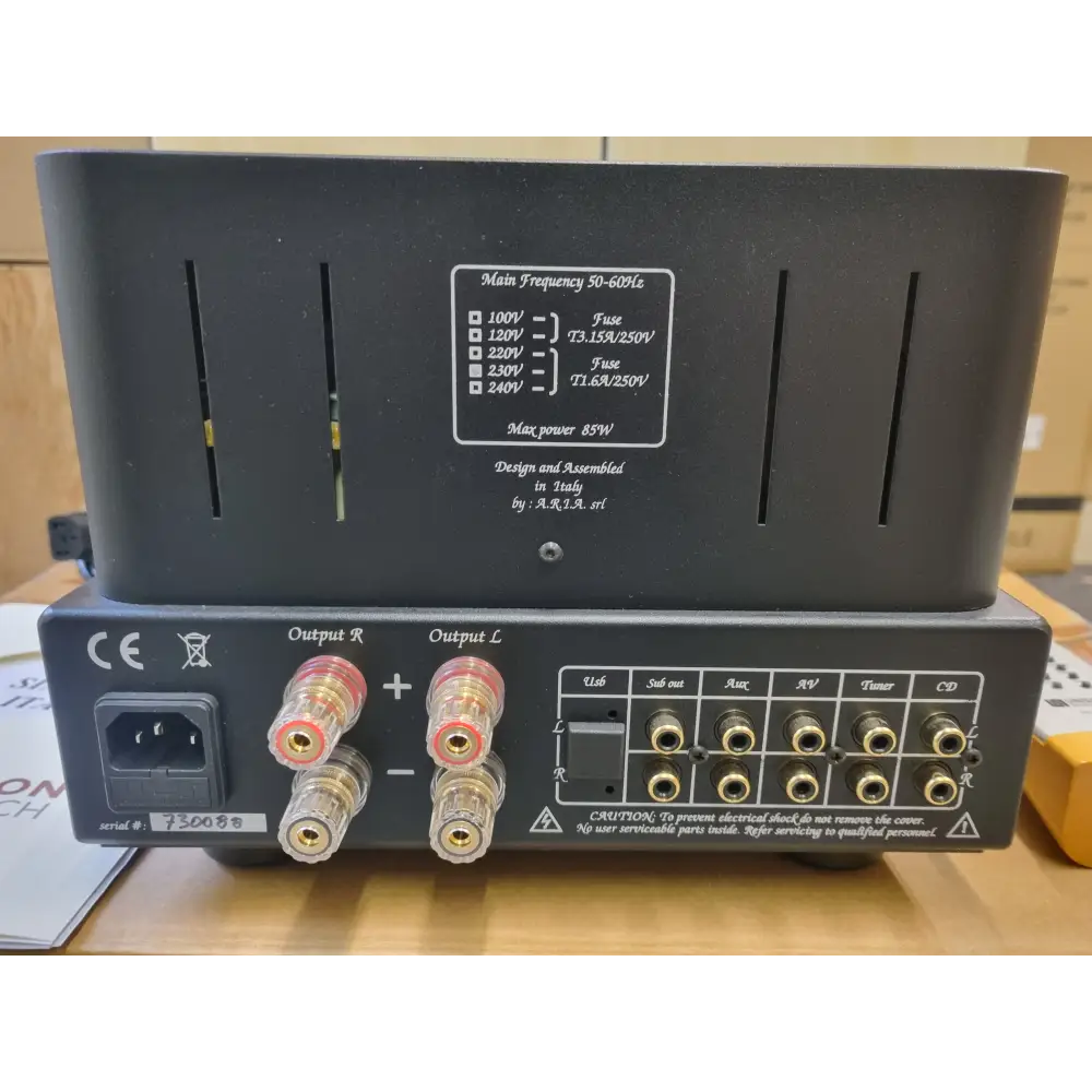 Rückansicht des schwarzen Unison Simply Italy Jubiläumsedition Hifi-Verstärkers mit Anschlüssen