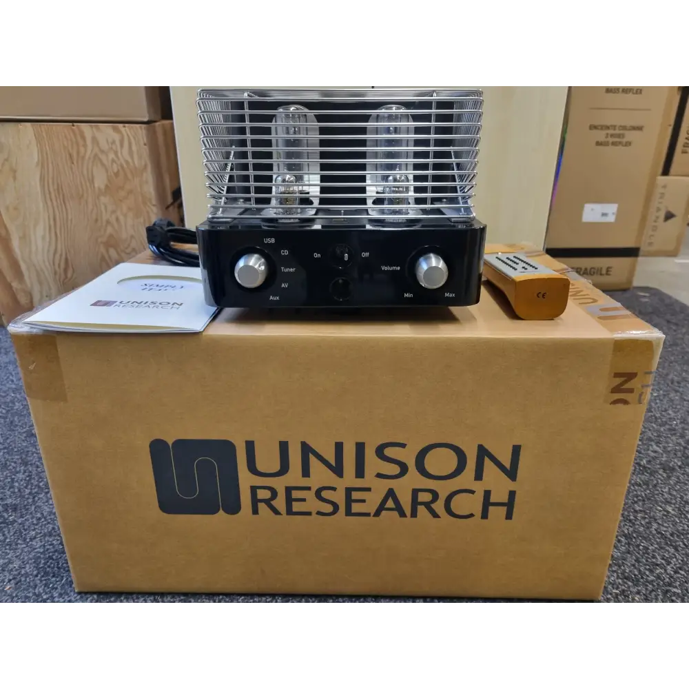 Schwarzer Tube-Verstärker mit Silberkäfig und zwei Röhren, Unison Simply Italy Jubiläumsedition