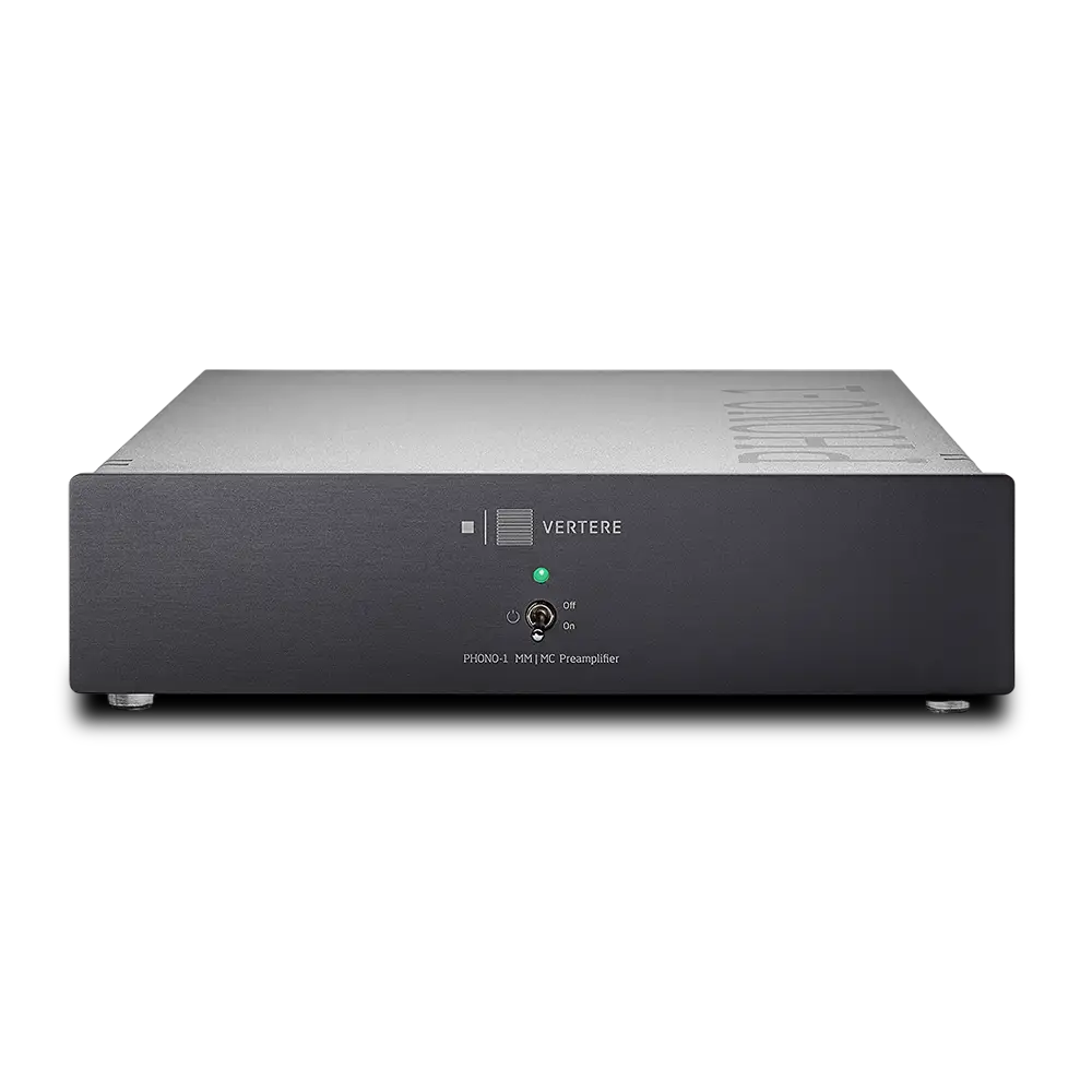 Schwarzer und silberner vertere phono-1 lx mm mc phonovorverstärker mit minimalistischer konstruktion und grünem power-led für besten klang im highend hifi