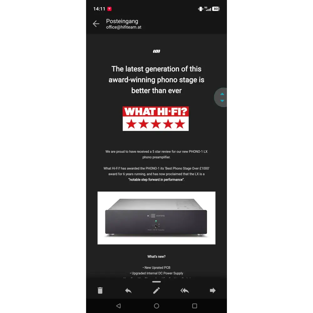 Schwarzer rechteckiger vertere phono 1 lx mm mc phonovorverstärker mit silberner markierung und grünem led für highend hifi besten klang