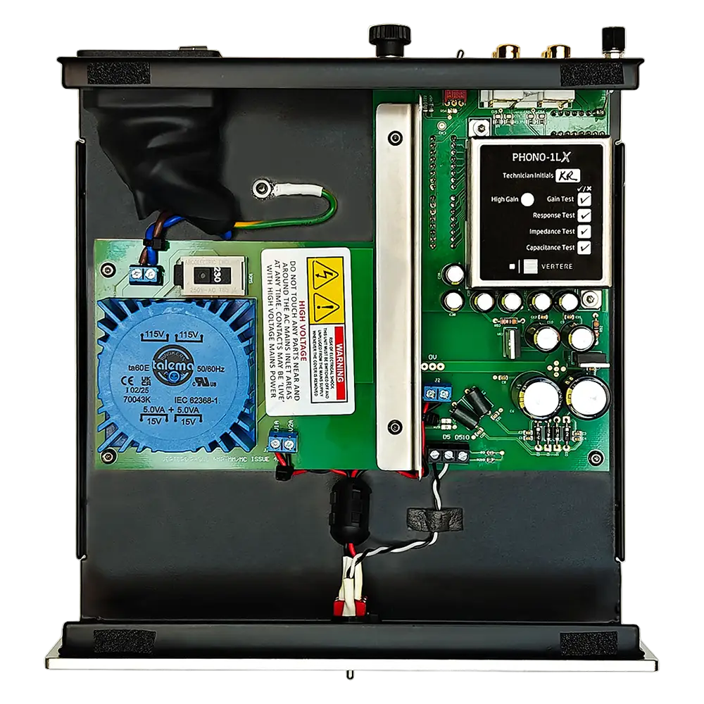 Vertere phono-1 lx mm mc phono preamp in schwarz und grün mit metallgehäuse und blauem talmo lüfter für highend hifi bester klang