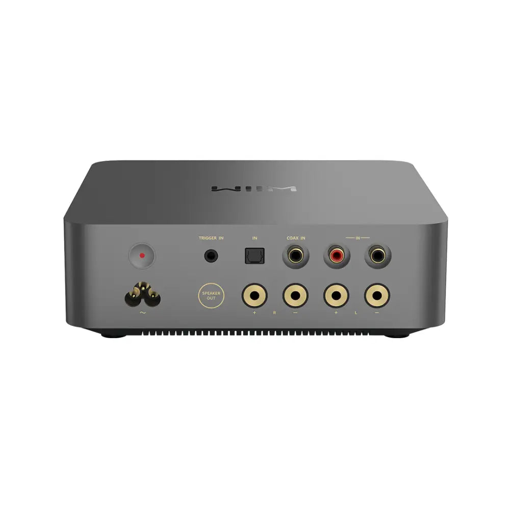 Graues metallisches wiim vibelink amp audio interface mit ess 9039q2m chip und mehreren ein- und ausgangsports auf der rückseite mit roter led-anzeige