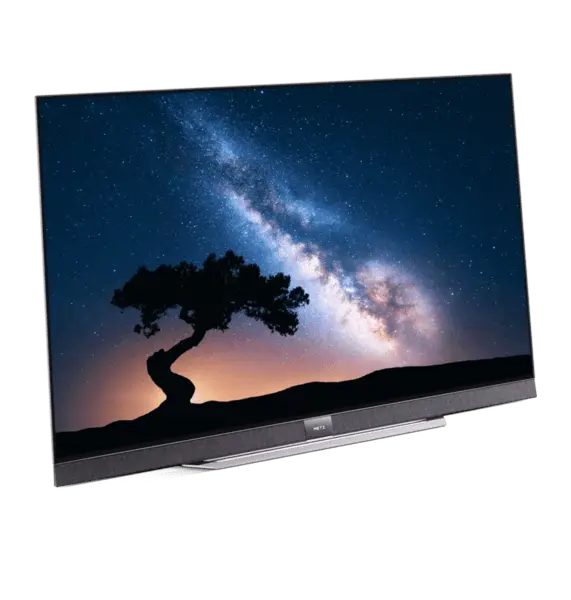 Modernes Flat-Screen-TV mit S9A OLED Display zeigt Nachthimmel, Teil der Metz Blue Serie