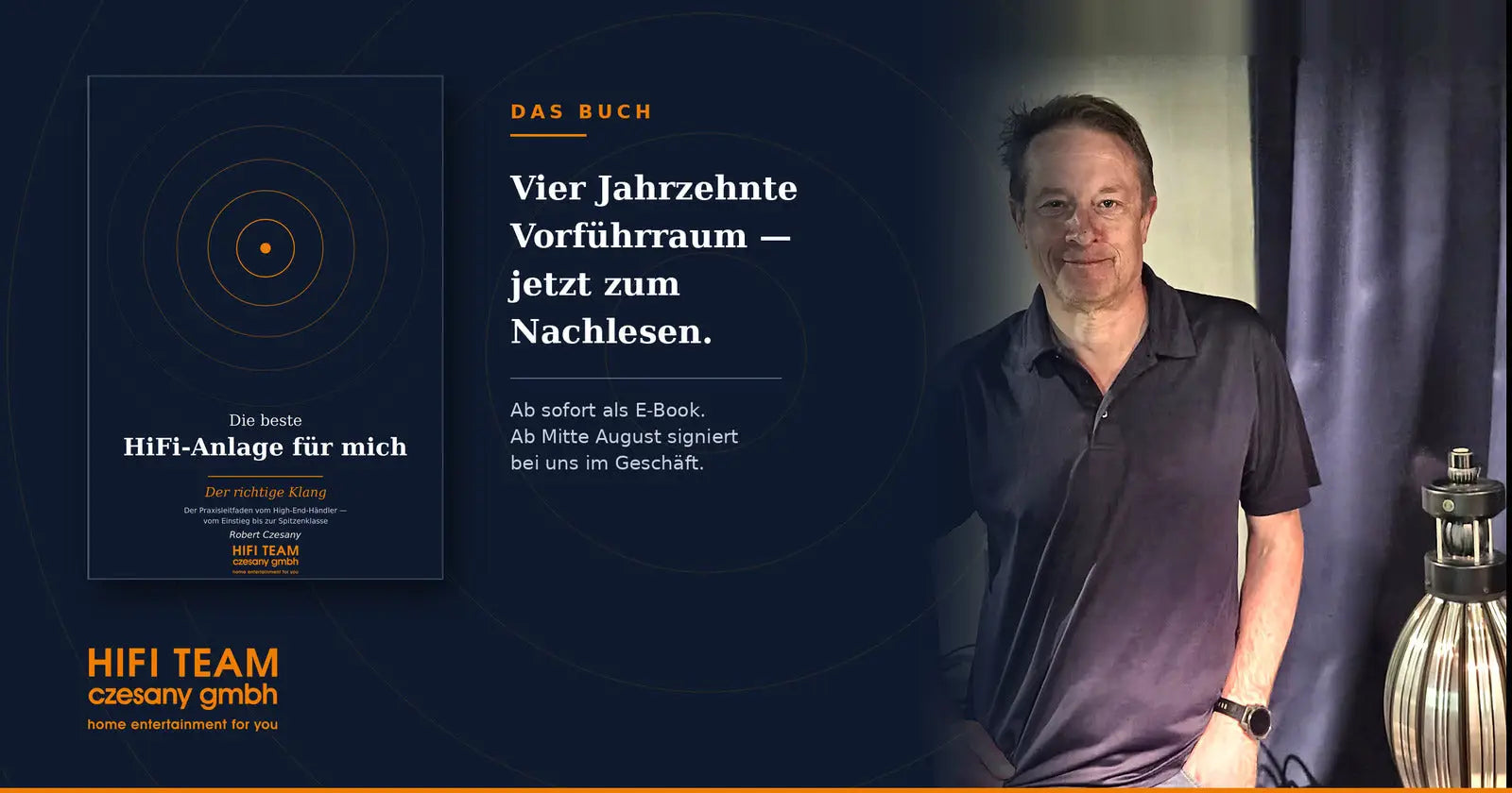 Dunkelblauer buchumschlag mit goldenen konzentrischen kreisen und weißem text zur high end hifi anlage bestellen