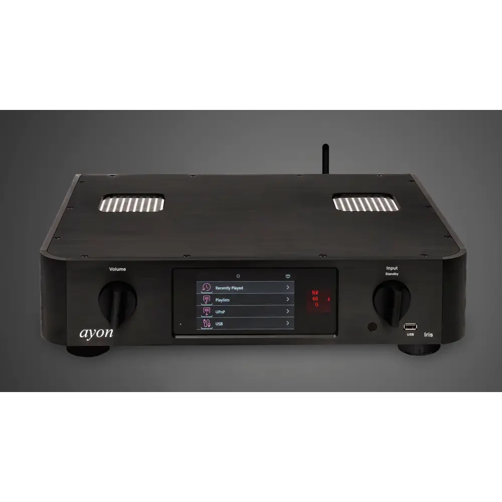 Schwarzer ayon iris signature röhren-netzwerkplayer mit preamp, rechteckigem design, belüftungsgittern und touchscreen-display