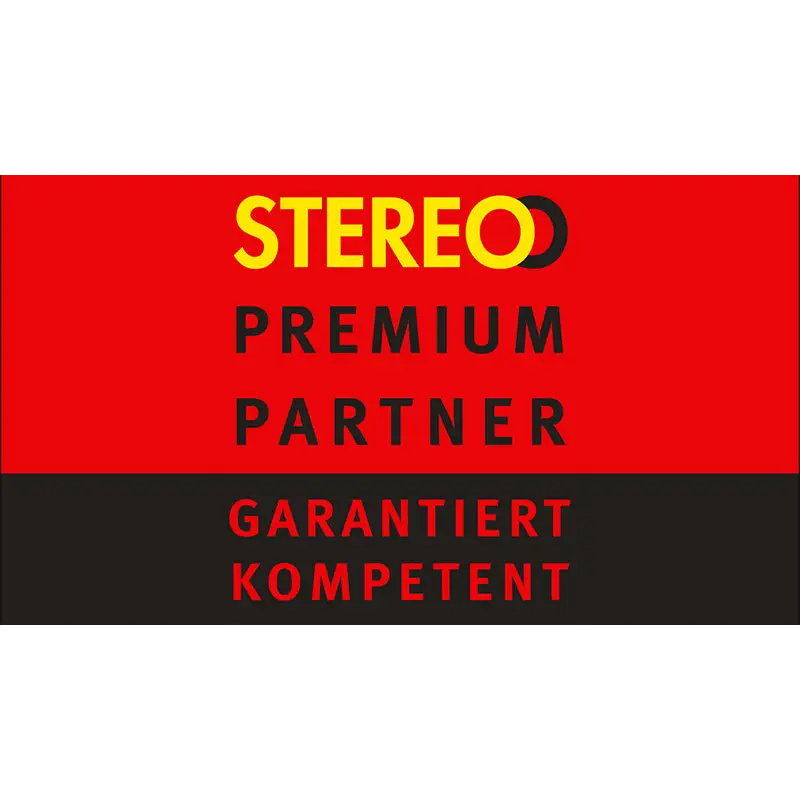 Rotes und schwarzes logo mit stereo premium partner in gelb und weiss sowie garantiert kompetent für bw 804 d3 paar weiss matt secondhand