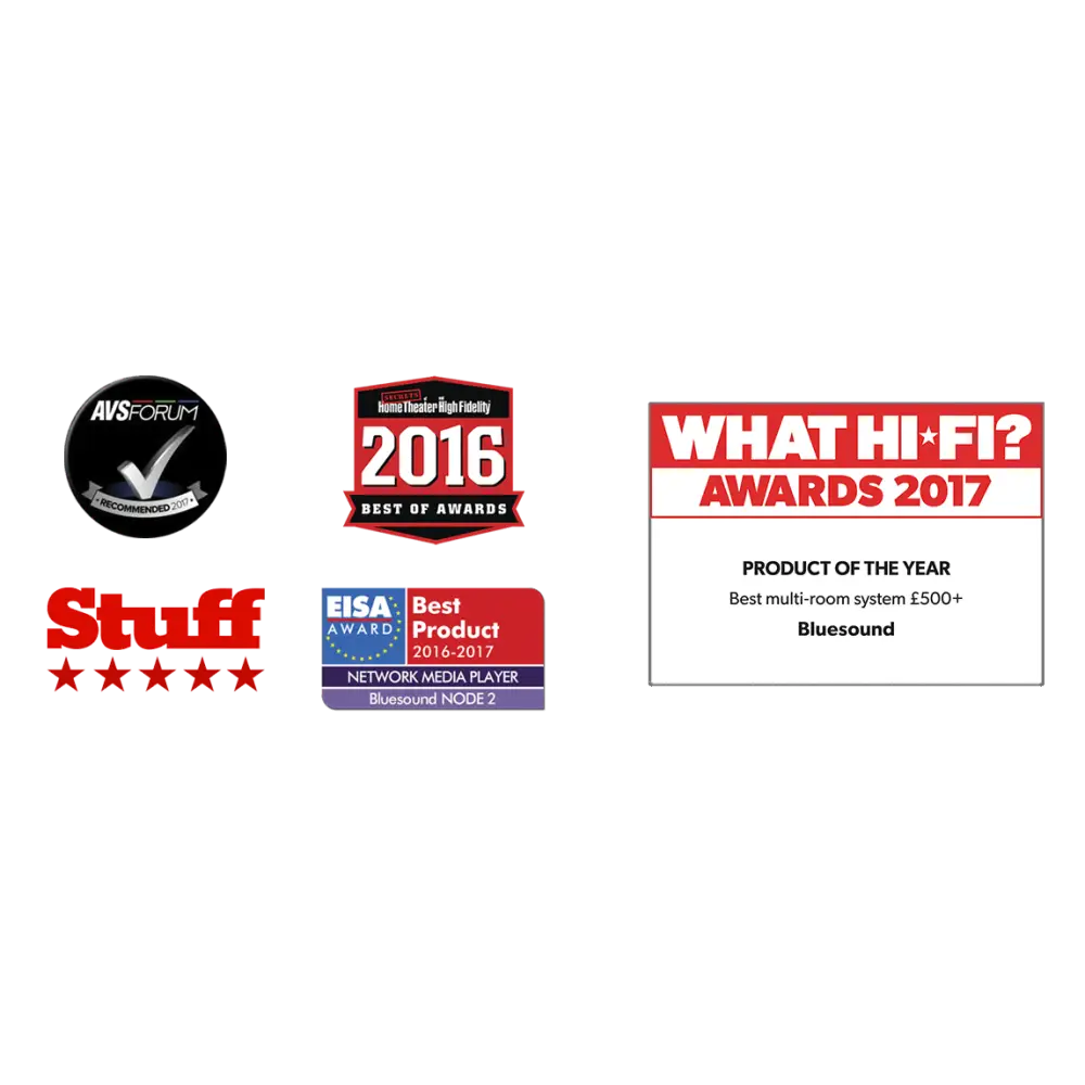 Award badges and logos für Bluesound Powernode, Pulse Sub, Allinone BT Wifi