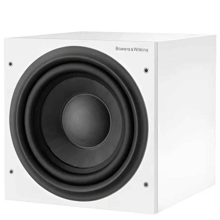 Weiße rechteckige Subwoofer mit großem schwarzen Lautsprecher für exzellente Tieftonwiedergabe unerlässlich