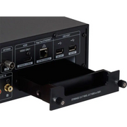 Rückseite des Cocktailaudio X40 Musikservers mit Ports und offenem Laufwerkschacht für datenbankgestützten musikserver digitalisieren