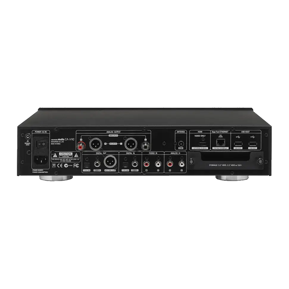 Rückseite des schwarzen Cocktailaudio X40 Musikservers mit Abtastrate HDMI und Anschlüssen