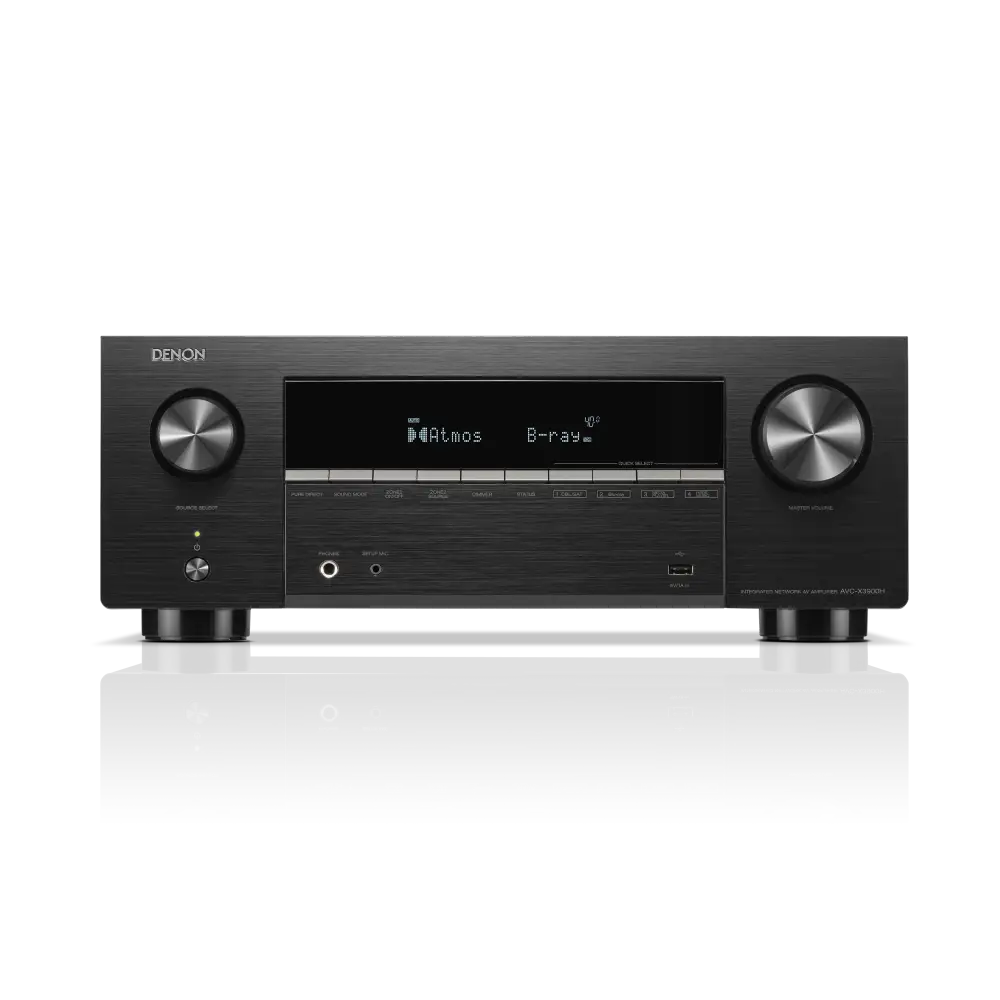 Schwarzer denon avc-x3900h av-verstärker mit brushed metal knöpfen und digitalem display mit dolby atmos und b-ray anzeigen