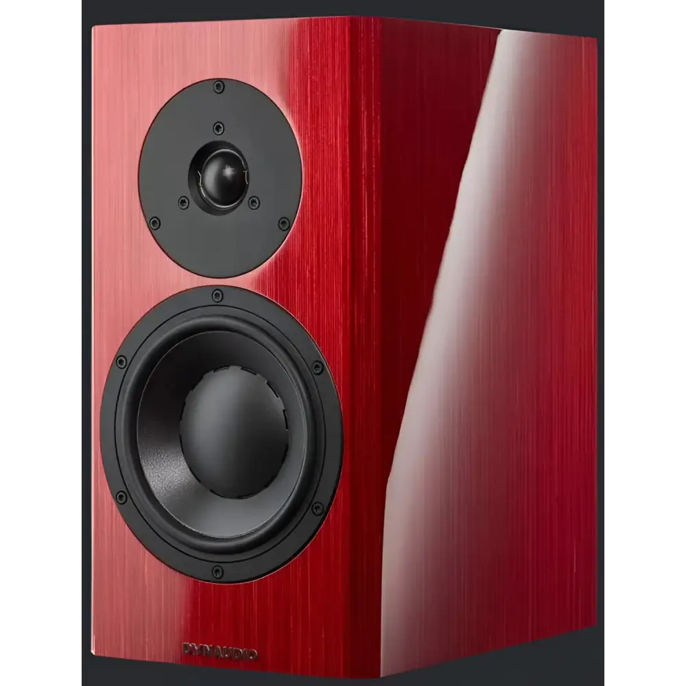 Roter Holzregal-Lautsprecher Dynaudio Special Forty mit schwarzem Hochtöner und Tieftöner