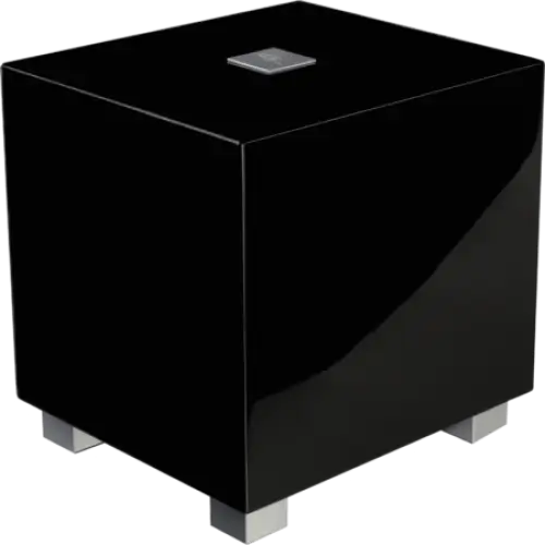 Glossy schwarzer Cube-Subwoofer mit Silberfüßen, echter einpunkt Schallwandler im Heimkino Set DENON