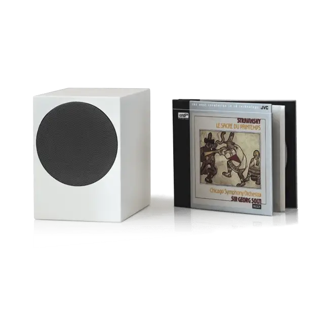 Weißer Cube-Lautsprecher mit schwarzem Rundgitter, echter Einpunkt Schallwandler, für Heimkino Komplett Set DENON mit Doacoustics