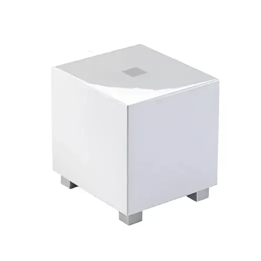 Weißer würfelförmiger subwoofer mit metallisch silbernen füßen im heimkinolautsprecherset mit rel t zero und mundorf komponenten für einzigartigen klang