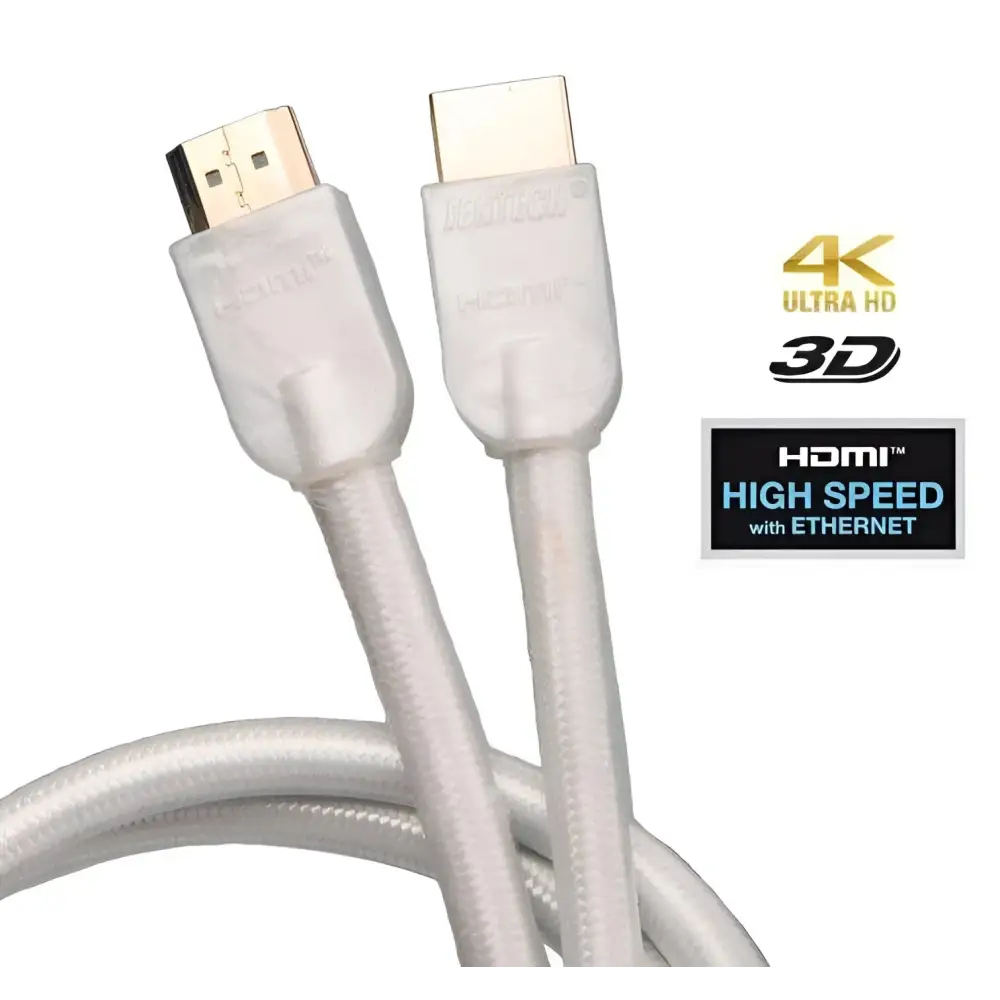Weiße geflochtene HDMI-Kabel mit Ethernet und Goldkontakten für High-Speed 4K HDR