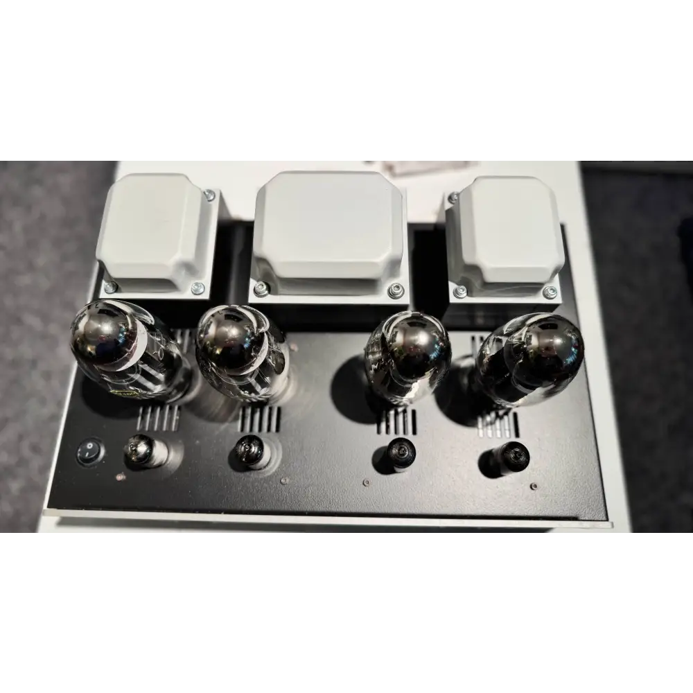 Vacuum tube power amplifier LAB 12 Suara Endstufe silber mit vier Röhren und Transformatoren