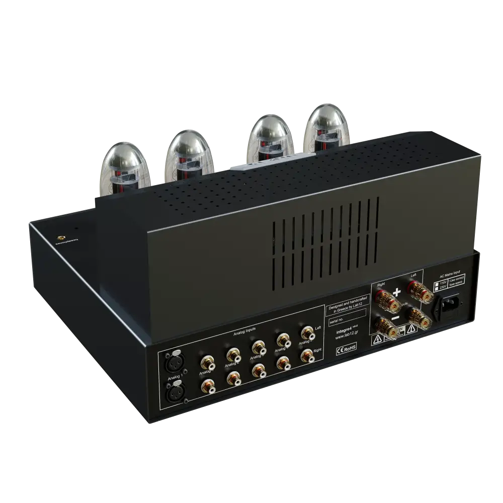 Schwarzer LAB12 Integre4 MK2 Toroid Vollverstärker mit mehreren Audioeingängen und Lautsprecherausgängen