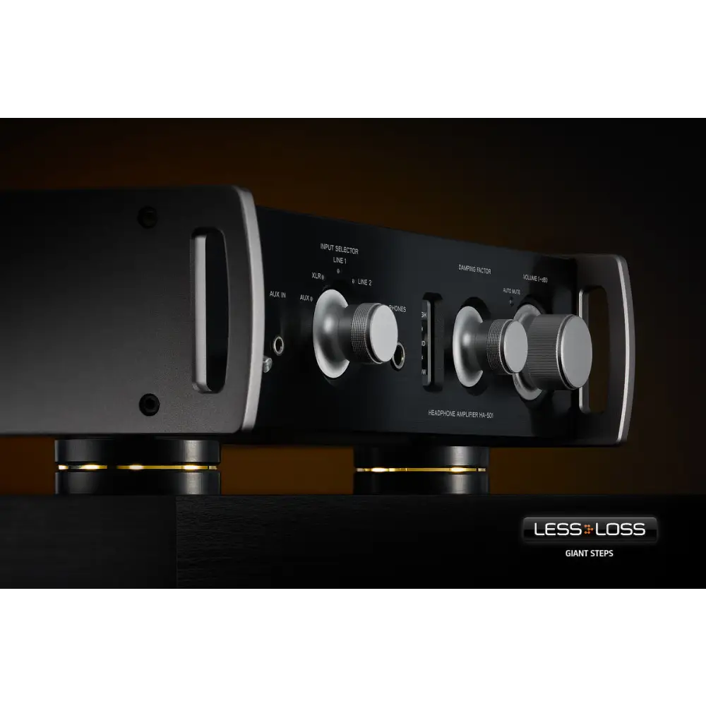 Black and silver lessloss giant steps hifi kopfhörerverstärker mit gebürsteten metalldrehreglern und goldakzenten