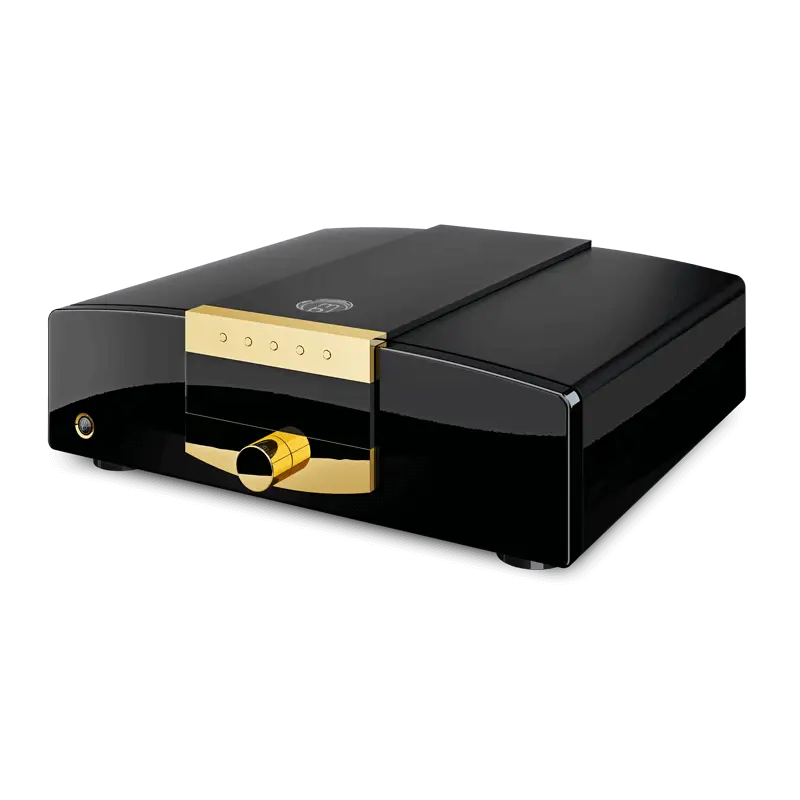 Schwarzer und goldener mbl c41 netzwerkplayer mit glänzendem finish, zentraler bedienung und goldenem drehknopf