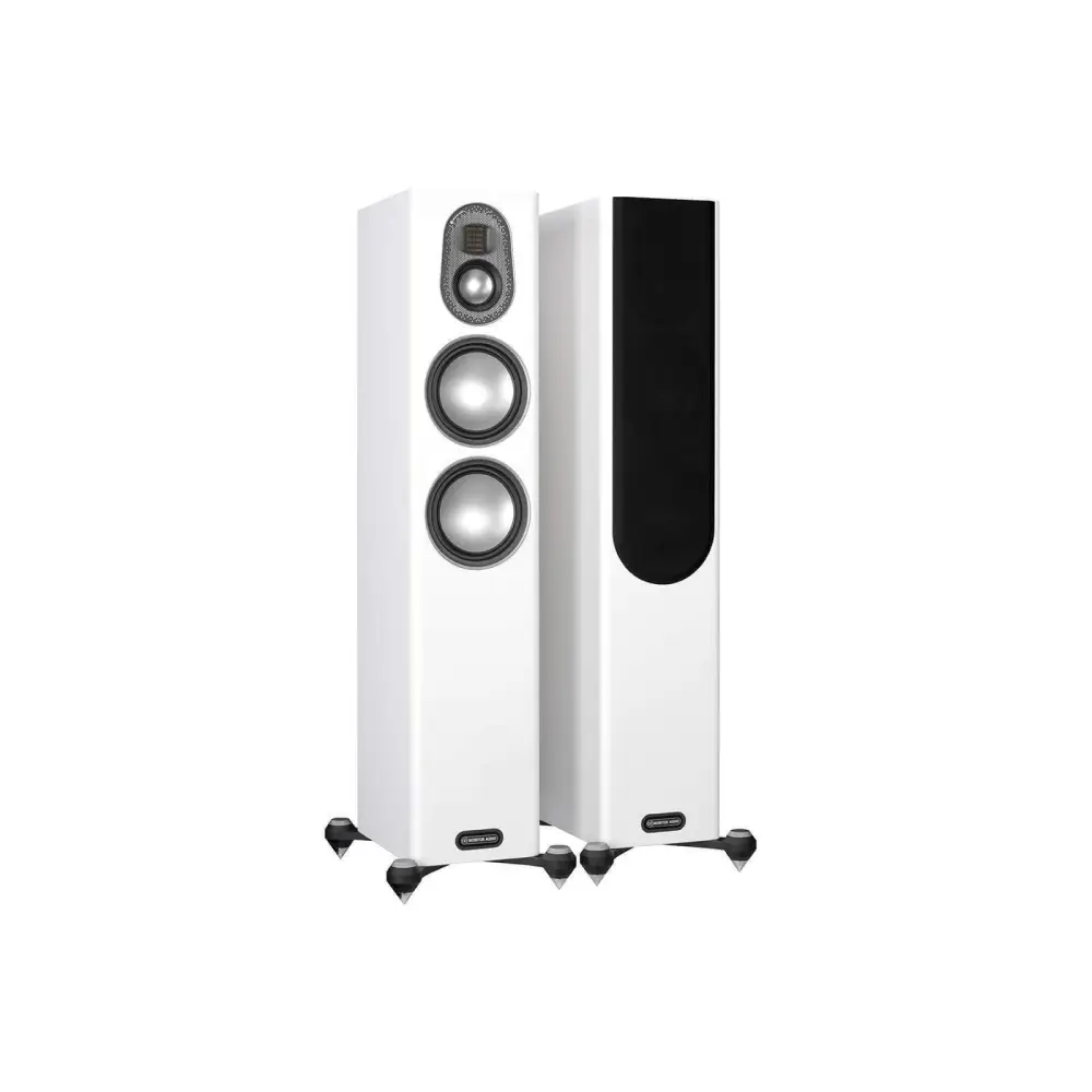 Weiße Monitor Audio Gold 200 (5.G) Standlautsprecher mit Silbertreibern und schwarzen Akzenten