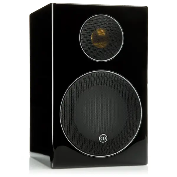 Glossy schwarzer Monitor Audio Radius 90 Zwei-Wege-Regallautsprecher mit Metallgittern für besten Klang