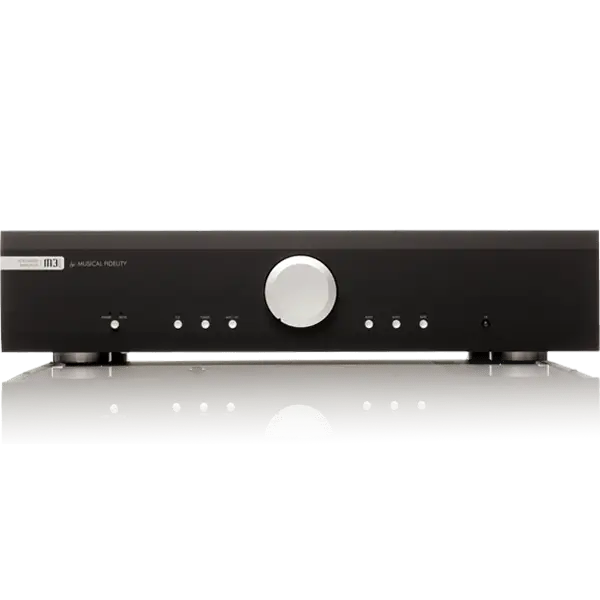 Schwarzer Musical Fidelity M3si Vollverstärker mit silbernem Lautstärkeregler und Bedienelementen